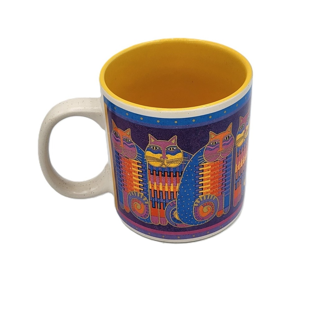 Laurel Burch 2014 Rainbow Cat Cousins Artistic Coffee Mug 14 oz Yellow Inside‎